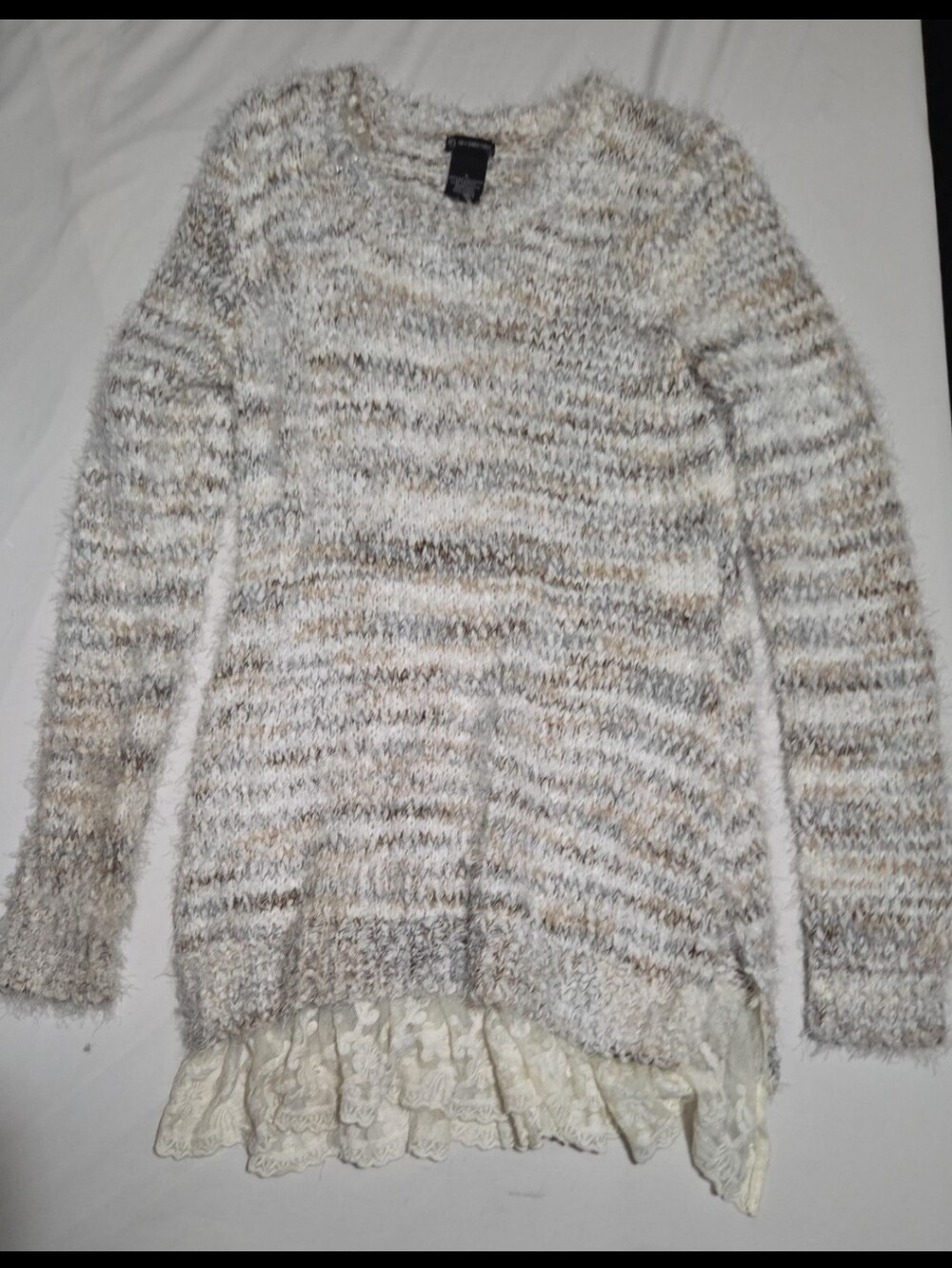 New directions Women's large grey striped lace sweater #27